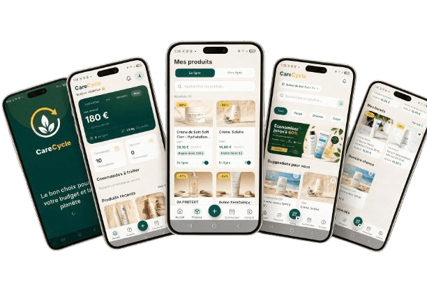 Écrans de l'application CareCycle : accueil, découverte des offres, panier et suivi des commandes